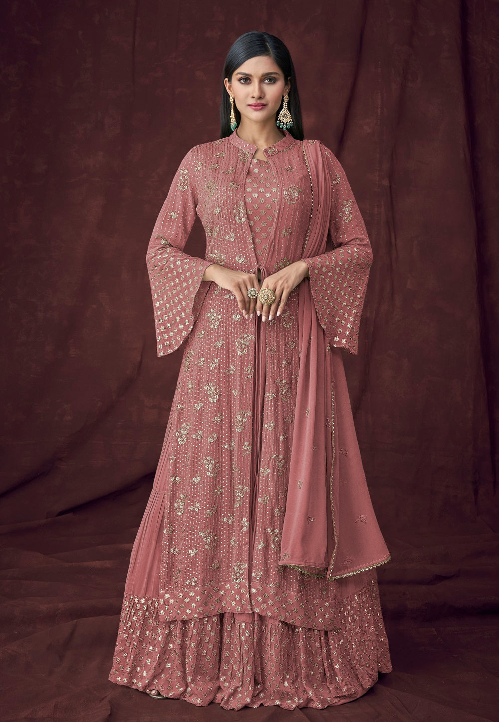Embroidered Georgette Lehenga in Peach