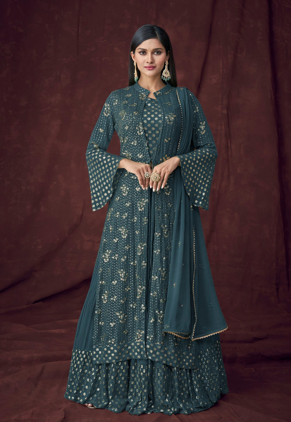 Embroidered Georgette Lehenga in Blue