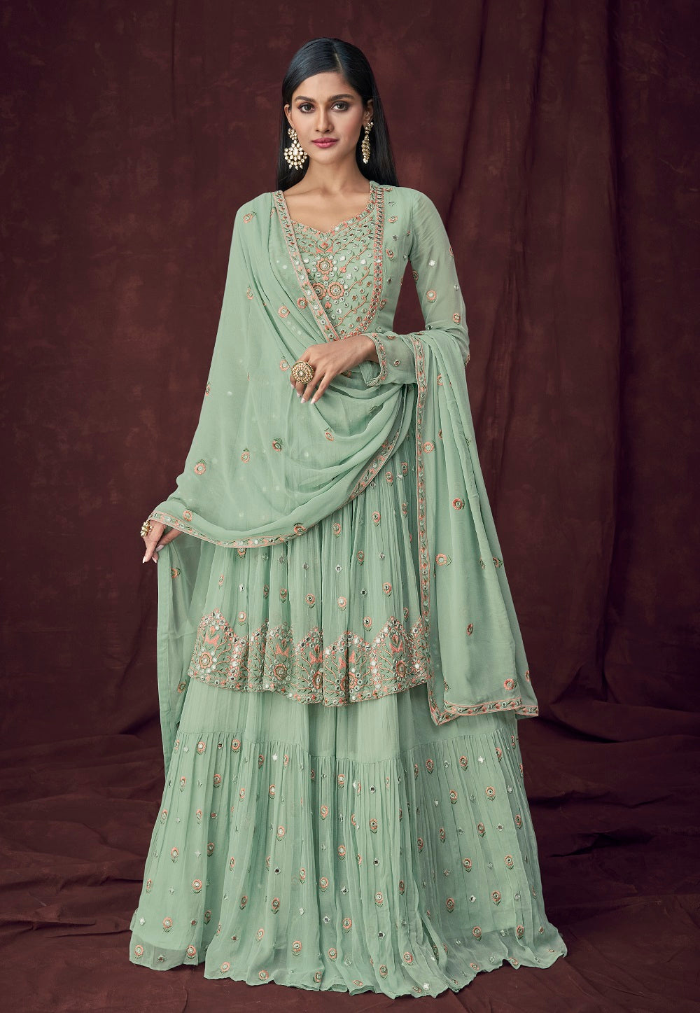Embroidered Georgette Lehenga in Pastel Green