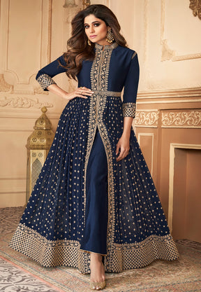 Embroidered Front Slit Georgette Abaya Style Suit in Navy Blue