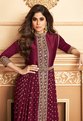 Embroidered Front Slit Georgette Abaya Style Suit in Wine