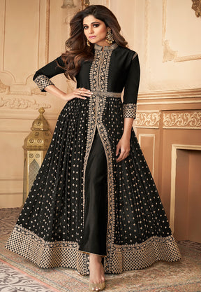 Embroidered Front Slit Georgette Abaya Style Suit in Black