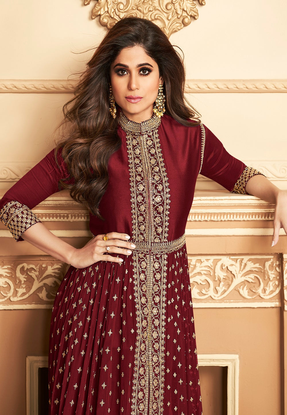 Embroidered Front Slit Georgette Abaya Style Suit in Maroon
