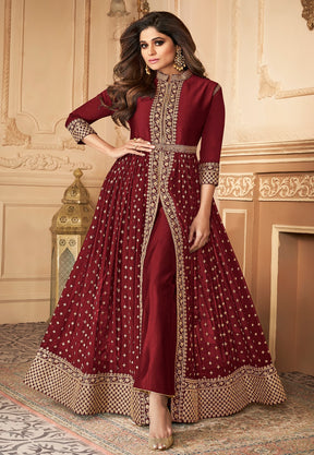 Embroidered Front Slit Georgette Abaya Style Suit in Maroon