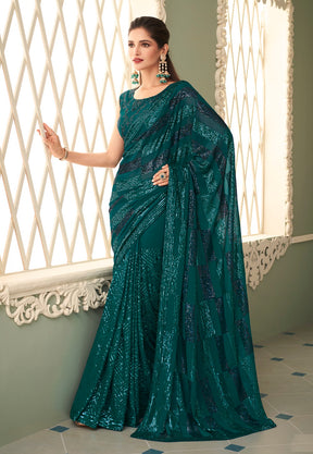 Sequined Georgette Saree in Teal Green