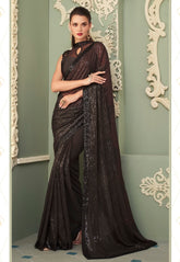 Sequined Georgette Saree in Brown