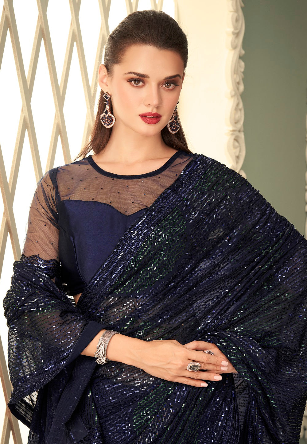 Sequined Georgette Saree in Navy Blue