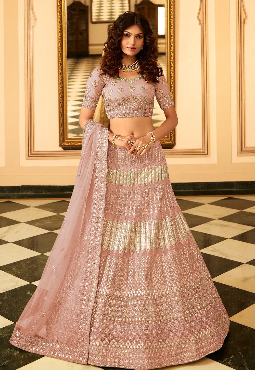 Embroidered Organza Lehenga in Old Rose