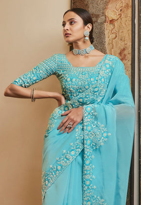 Organza Embroidered Saree in Light Blue