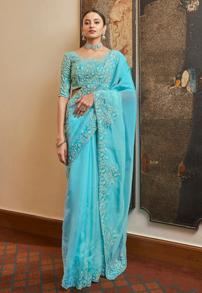 Organza Embroidered Saree in Light Blue