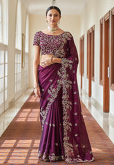 Crepe Embroidered Saree in Purple