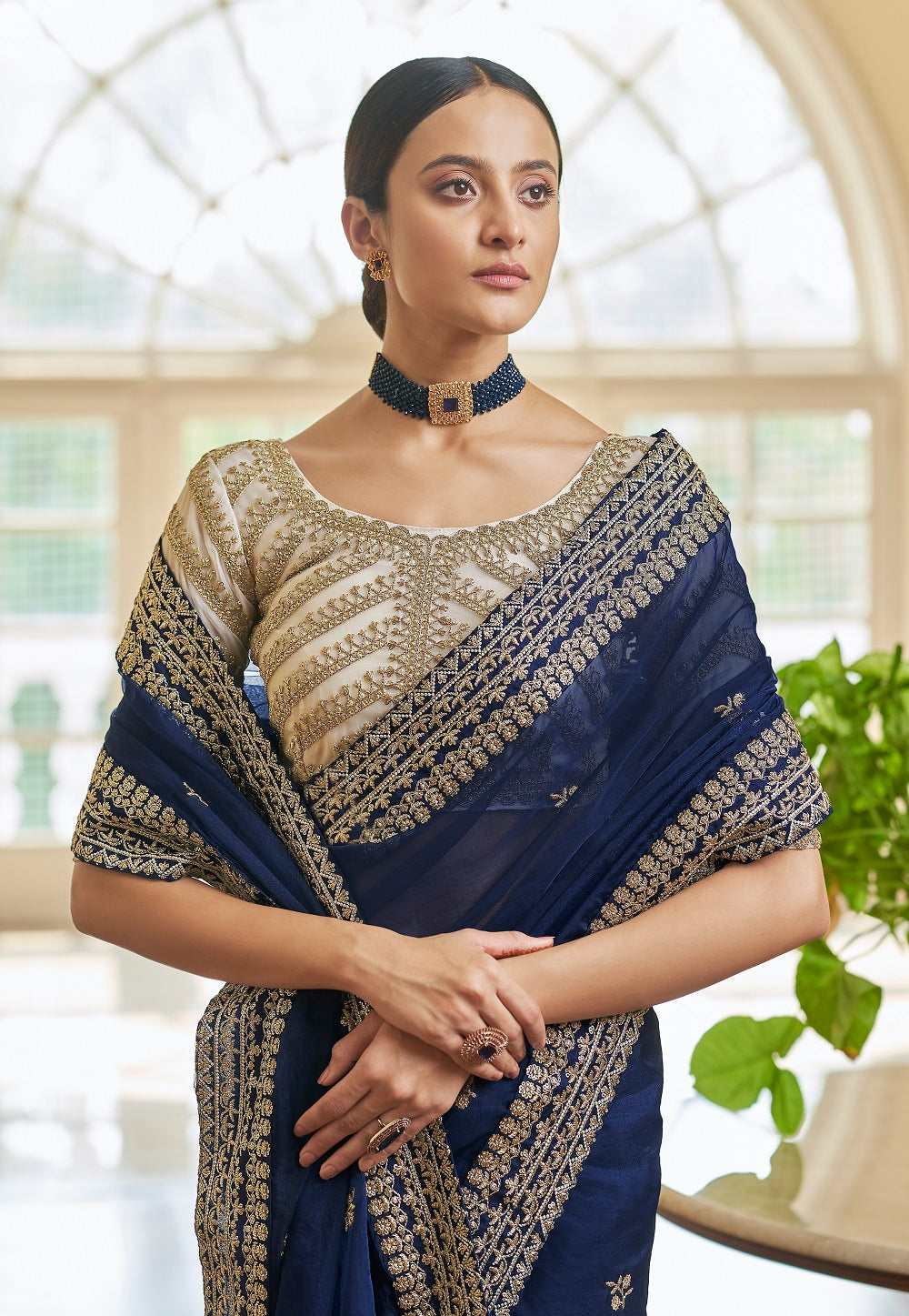 Organza  Embroidered Saree in Navy Blue