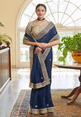 Organza  Embroidered Saree in Navy Blue