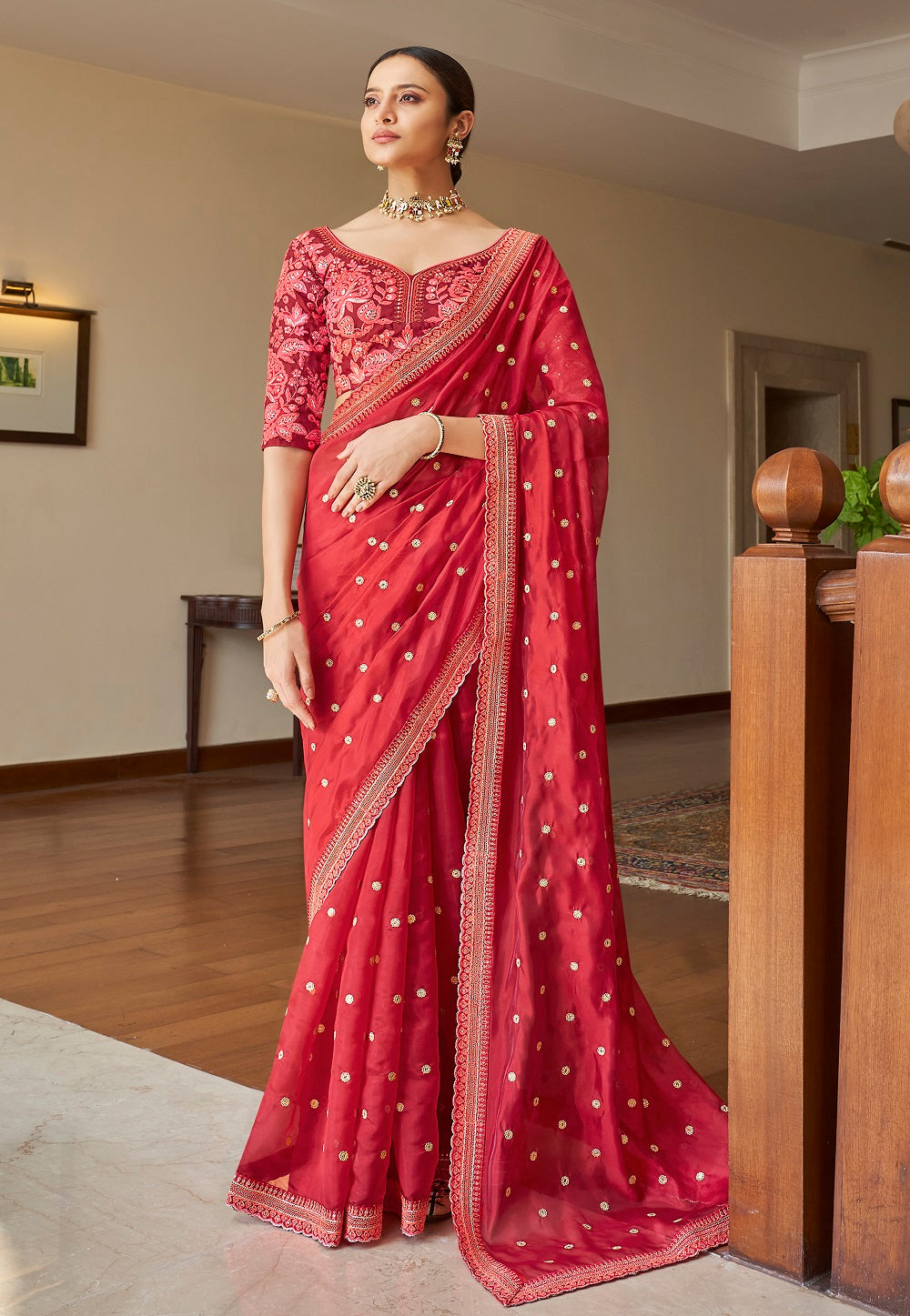 Organza  Embroidered Saree in Red