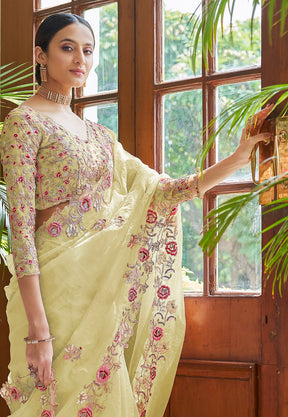 Organza  Embroidered Saree in Light Yellow