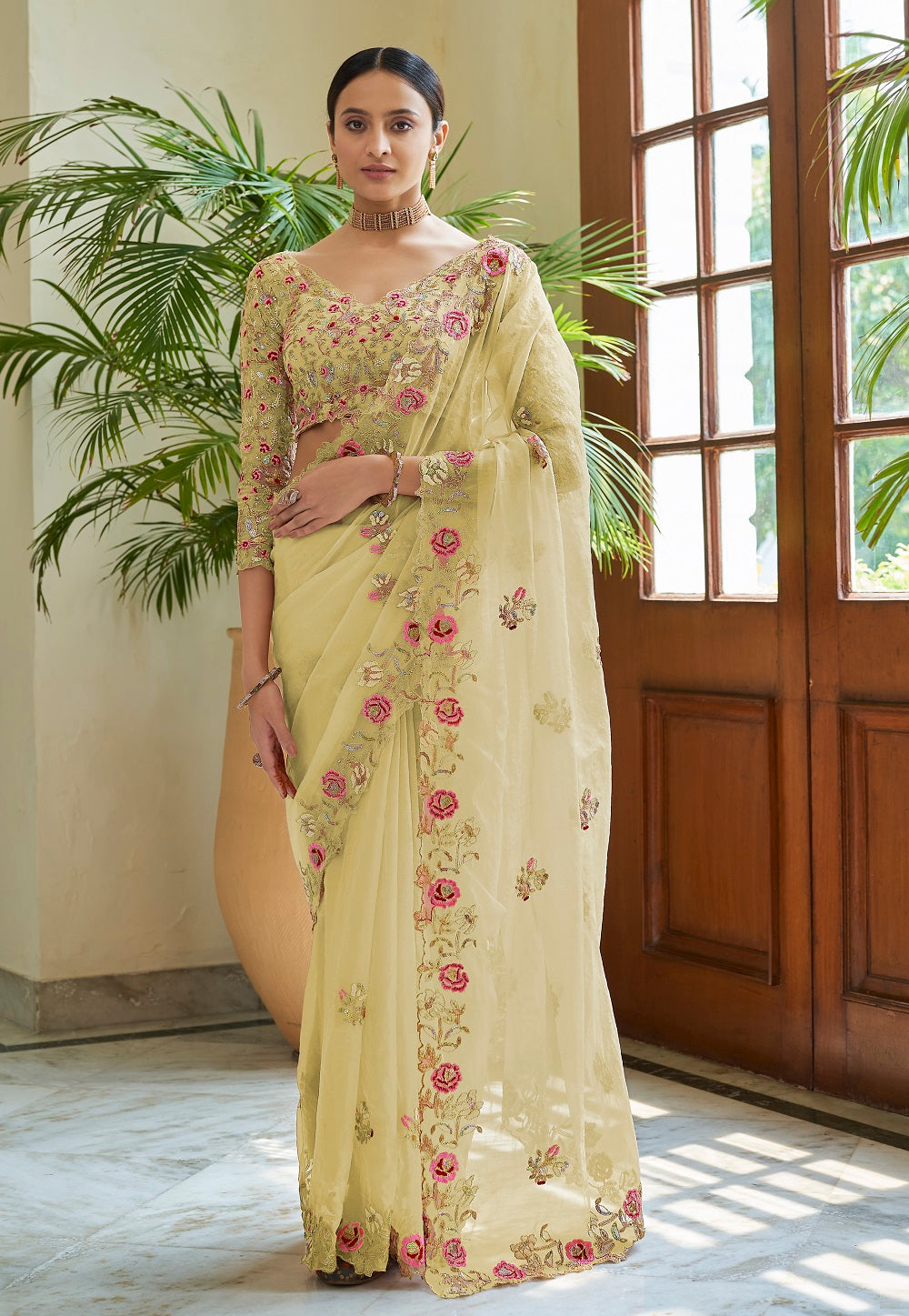 Organza  Embroidered Saree in Light Yellow