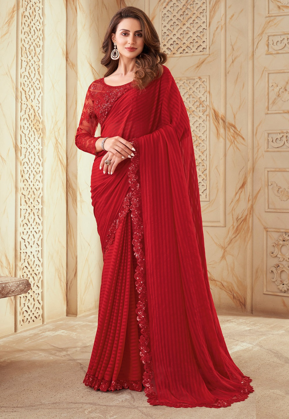 Embroidered Georgette Brasso Saree in Red