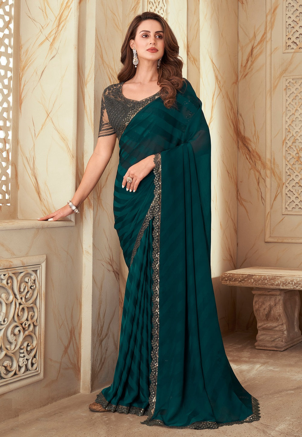 Embroidered Georgette Brasso Saree in Teal Blue