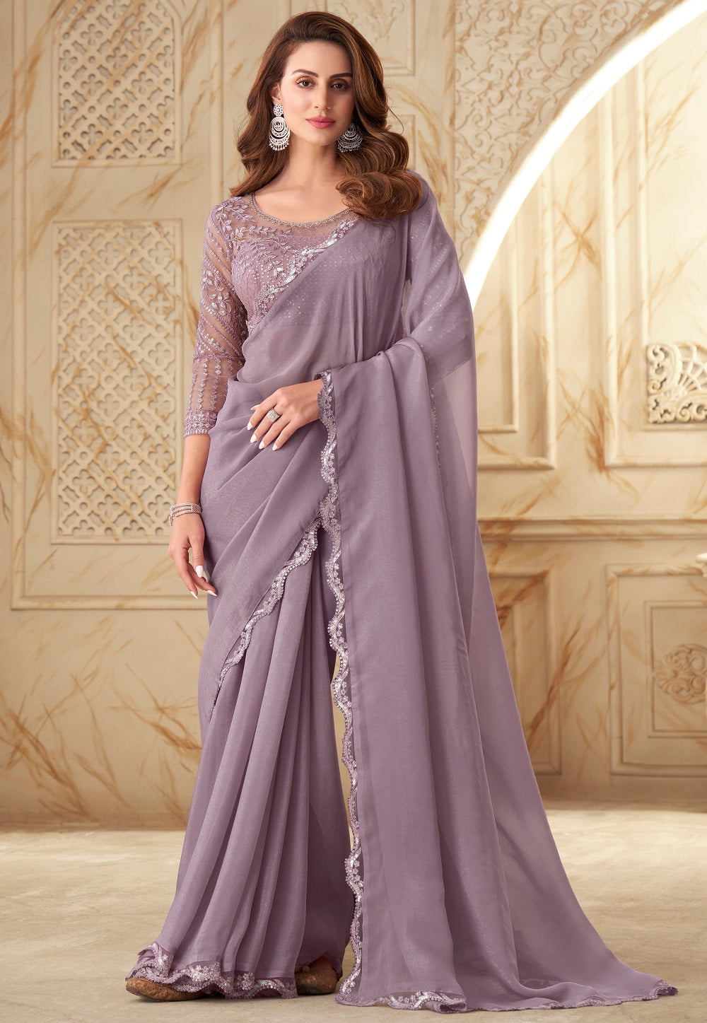 Embroidered Georgette Shimmer Saree in Light Purple