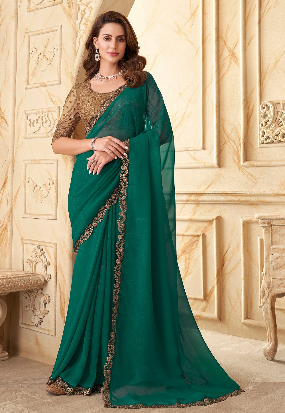 Embroidered Georgette Shimmer Saree in Green