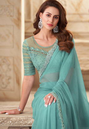 Embroidered Georgette Saree in Sky Blue