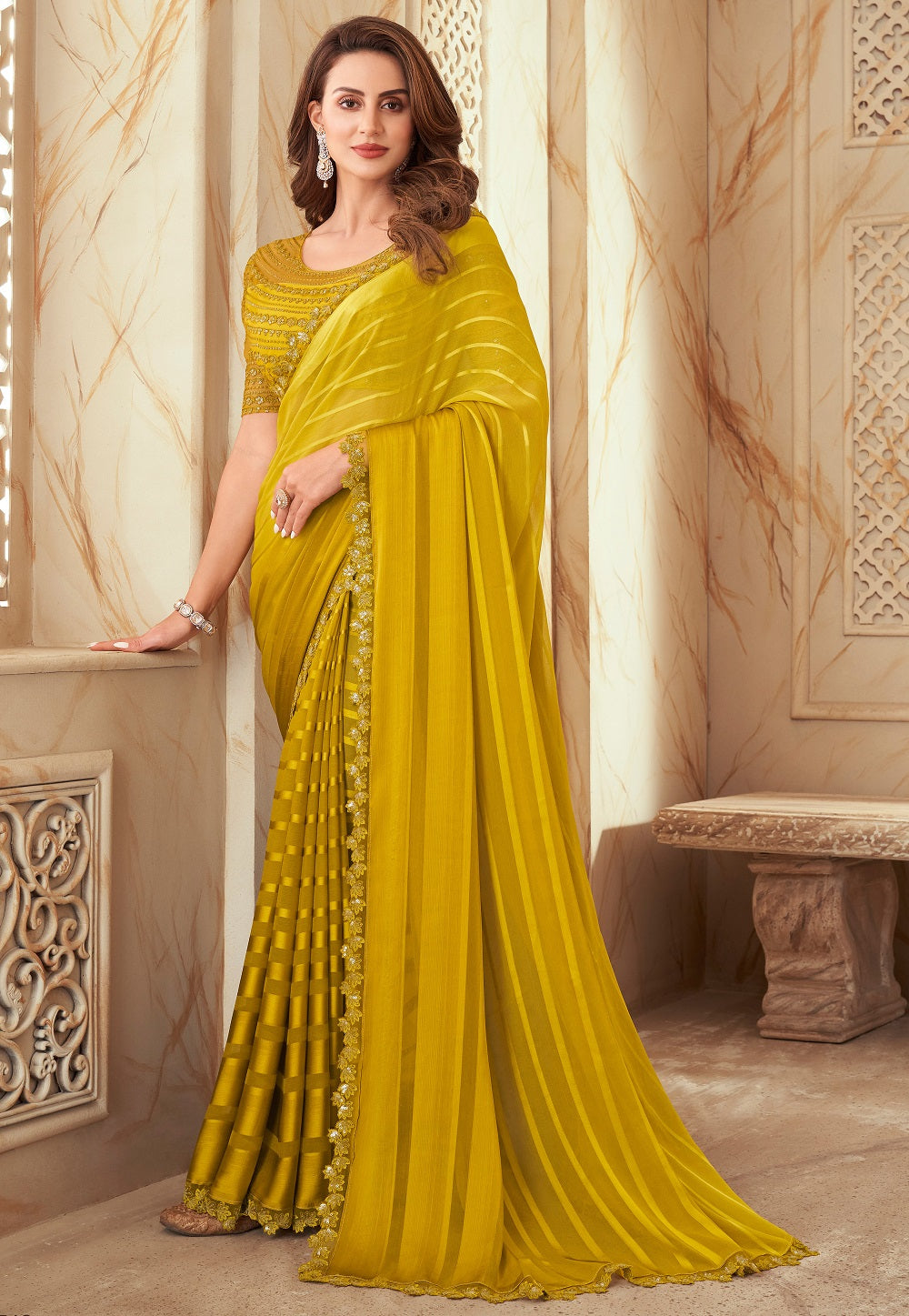 Embroidered Georgette Brasso Saree in Yellow