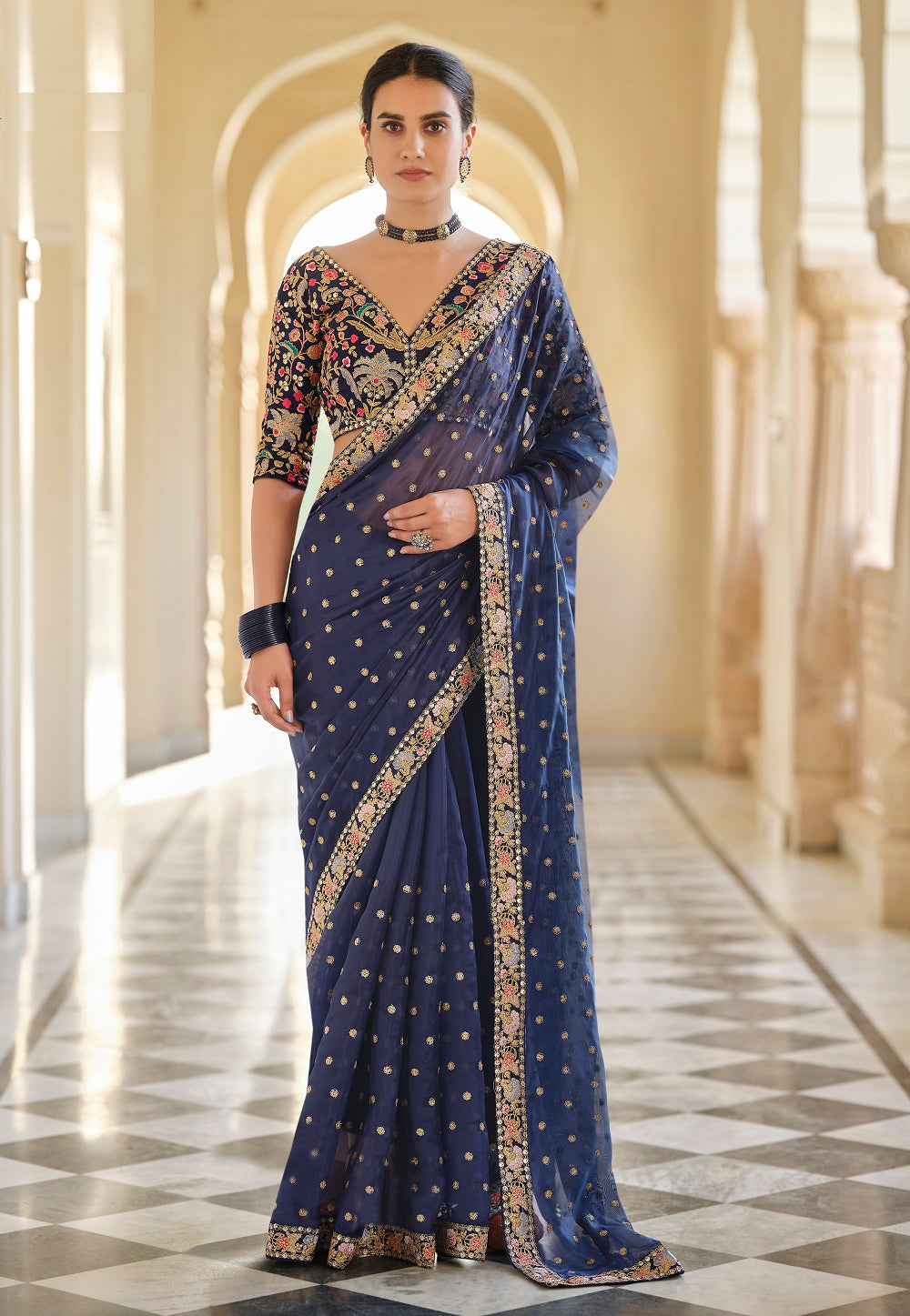 Embroidered Organza Saree in Navy Blue