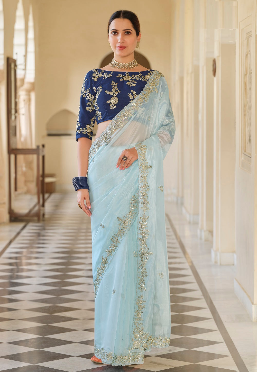 Embroidered Organza Saree in Sky Blue