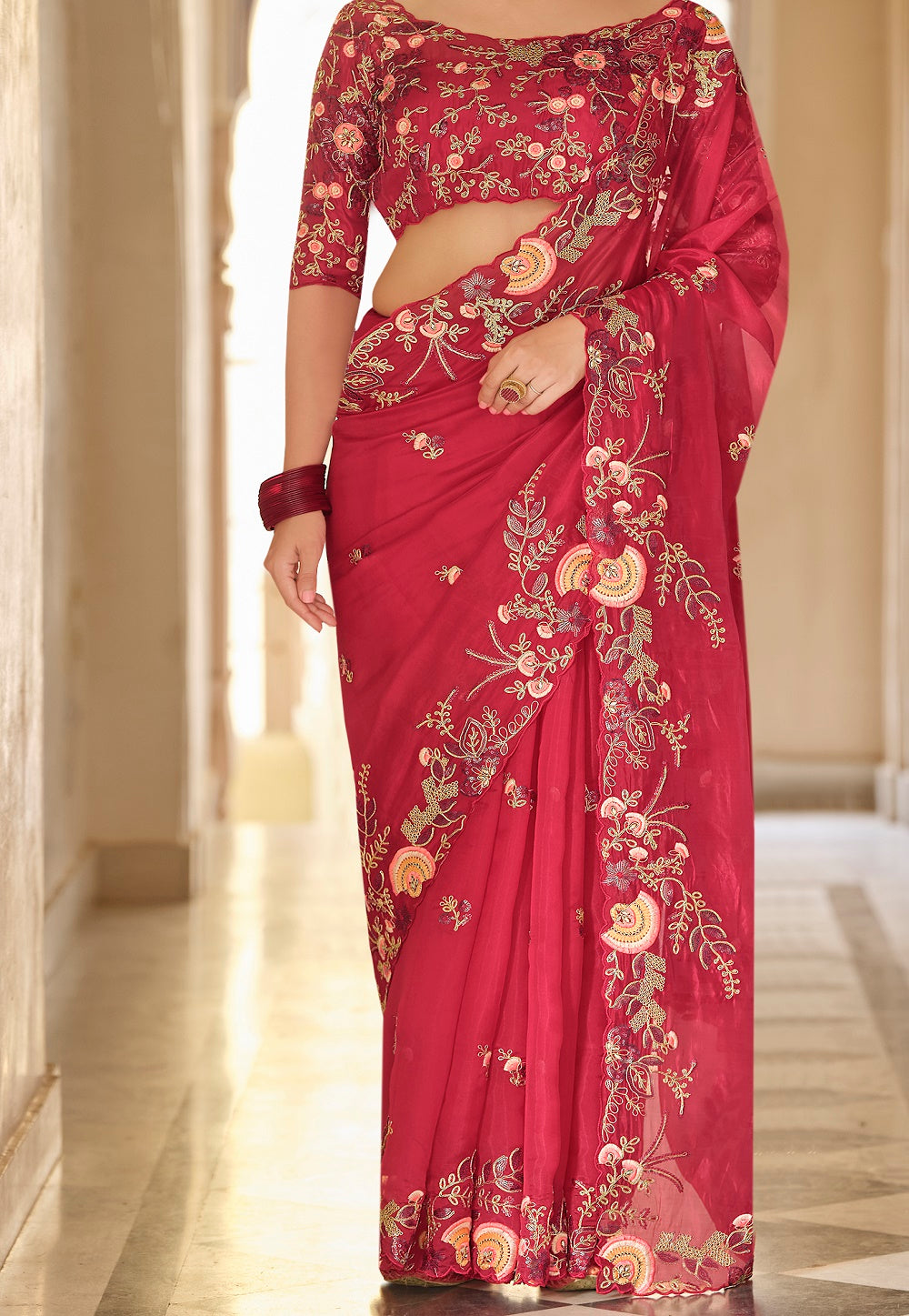 Embroidered Organza Saree in Red