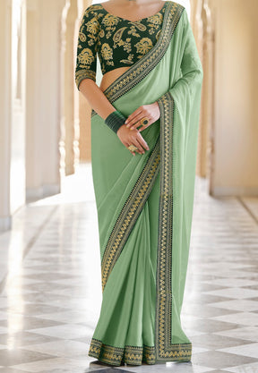 Embroidered Organza Saree in Pastel Green