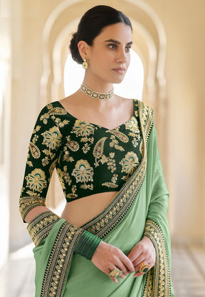 Embroidered Organza Saree in Pastel Green