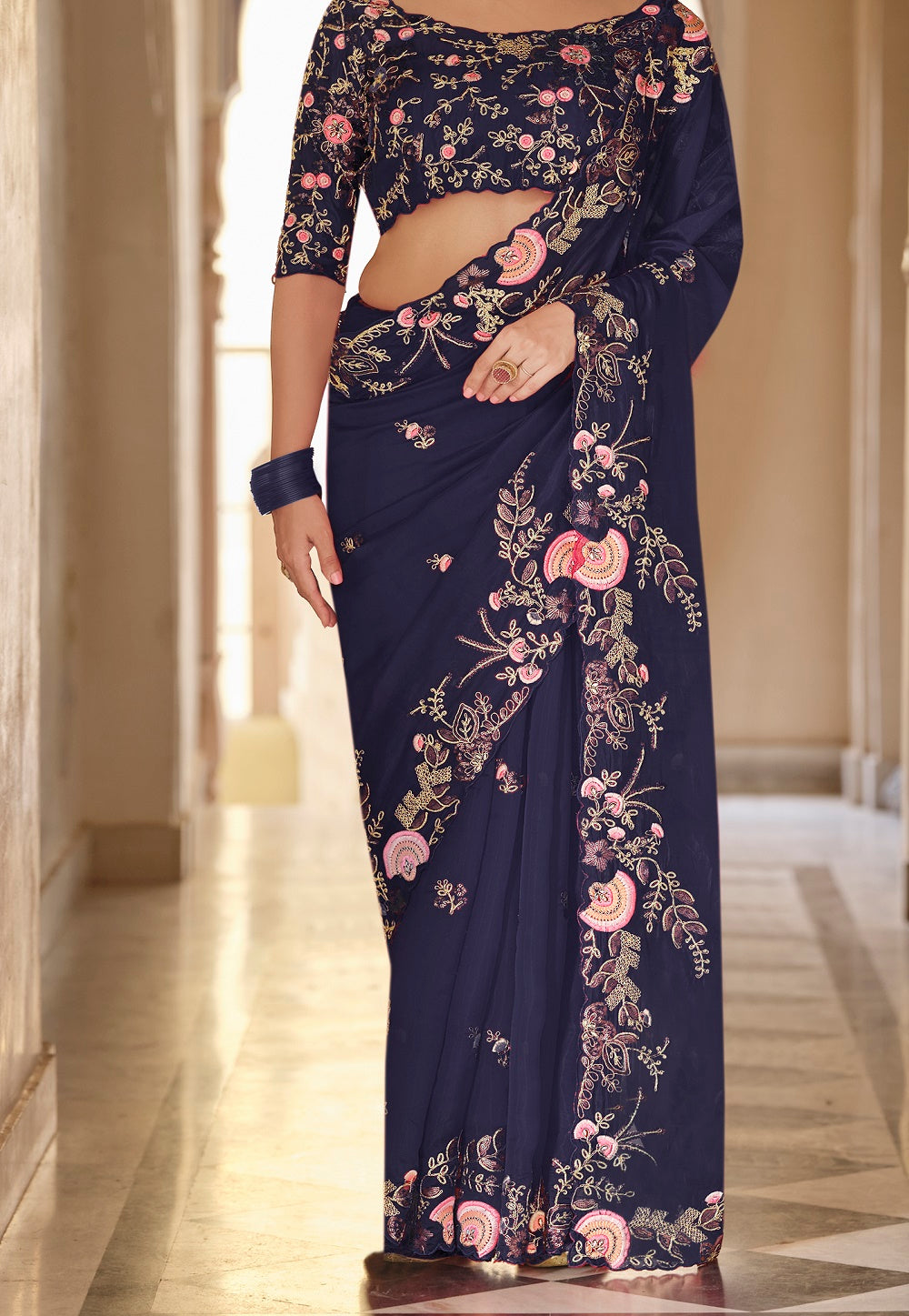 Embroidered Organza Saree in Navy Blue