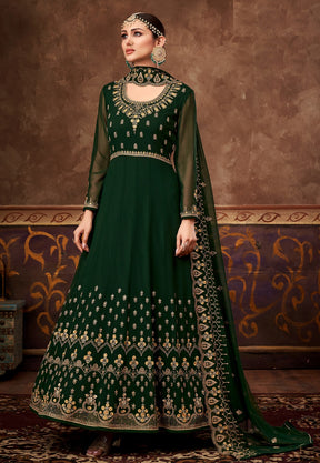 Georgette Abaya Style Embroidered Suit in Dark Green
