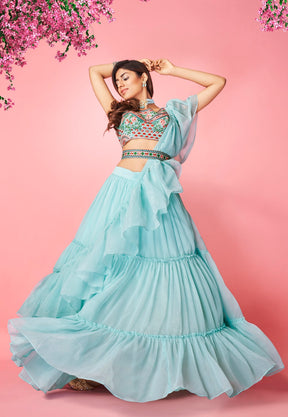 Embroidered Chiffon Tiered Lehenga in Sky Blue