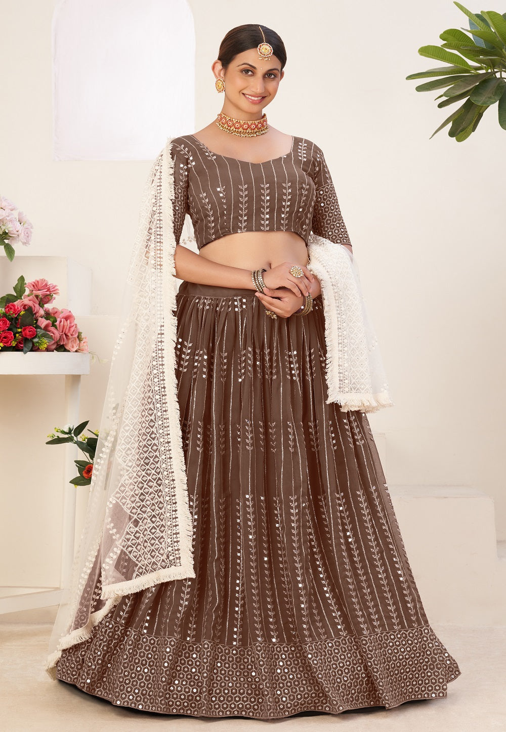 Georgette Embroidered Lehenga in Light Brown