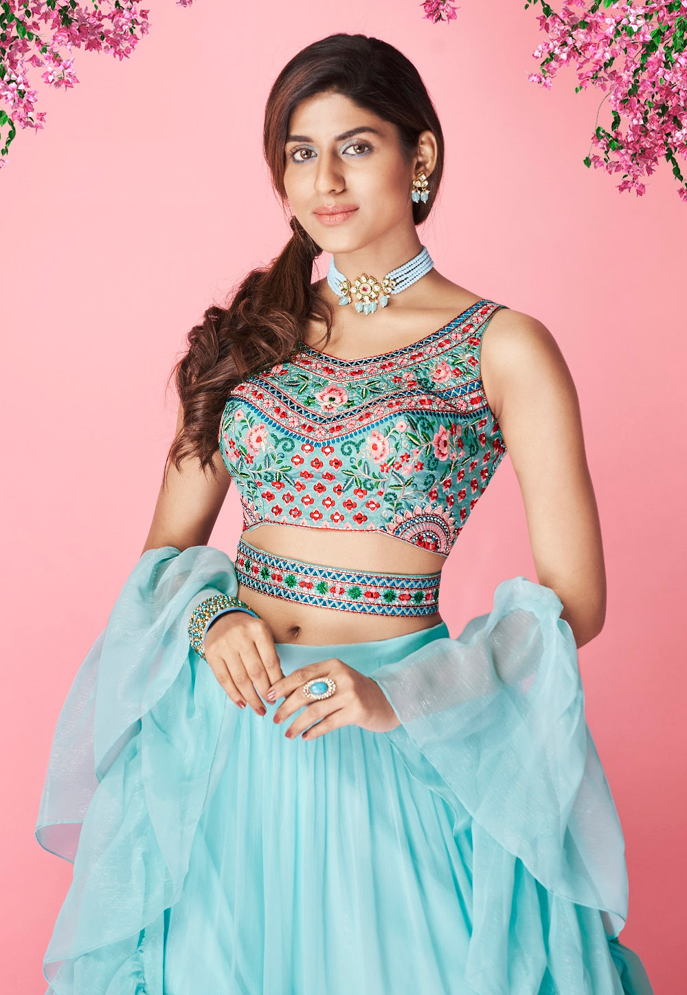 Embroidered Chiffon Tiered Lehenga in Sky Blue