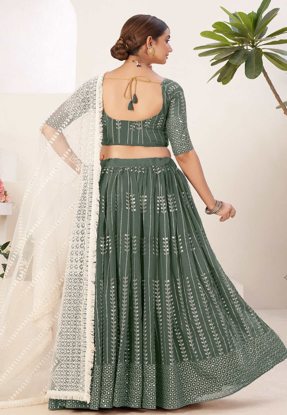 Georgette Embroidered Lehenga in Olive Green