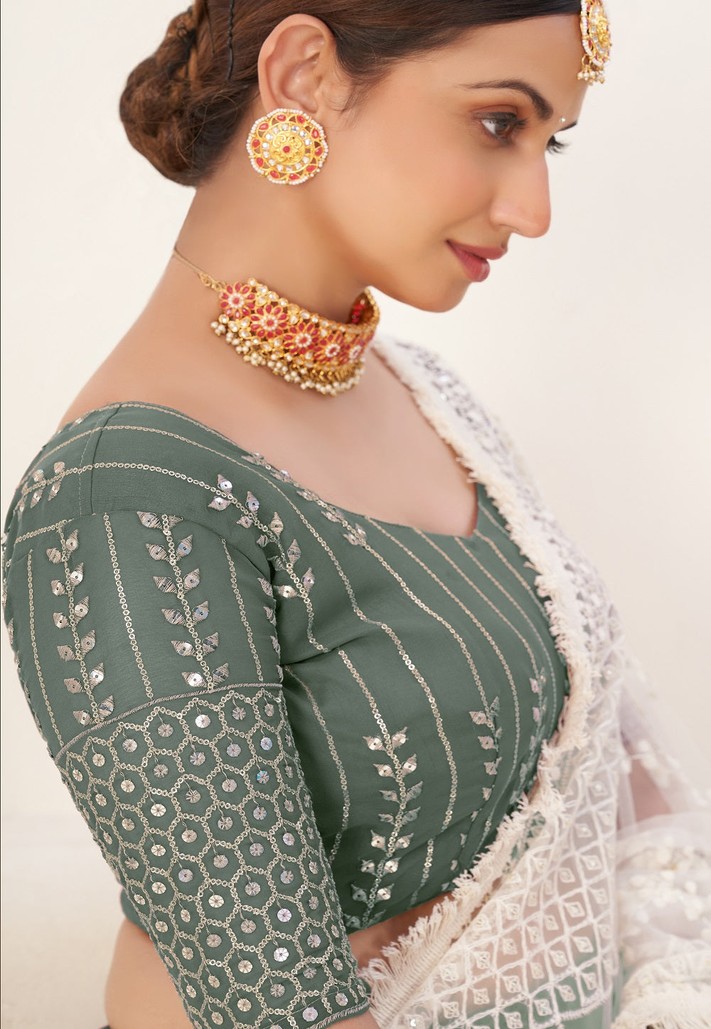 Georgette Embroidered Lehenga in Olive Green