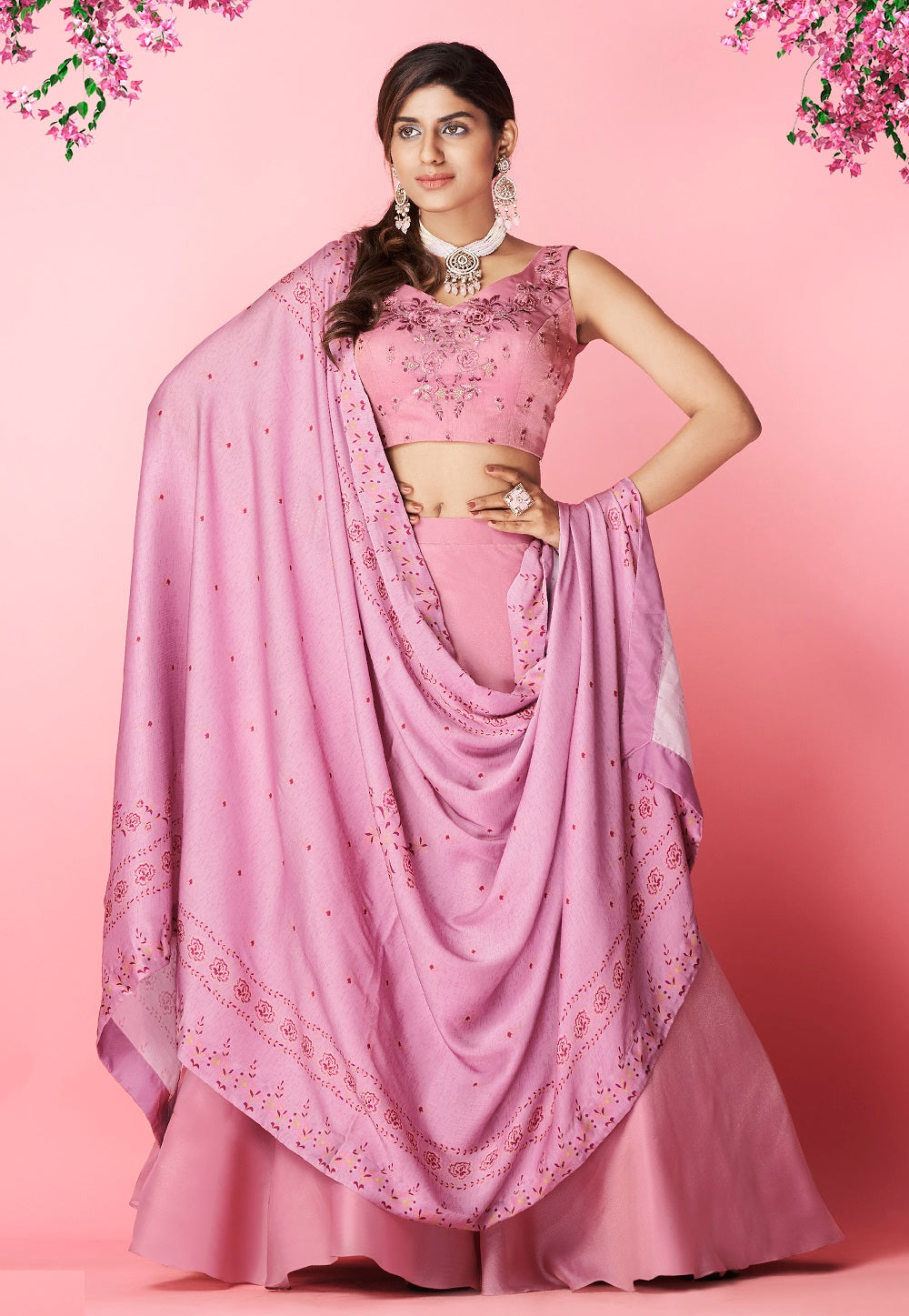 Embroidered Chiffon Tiered Lehenga in Pink