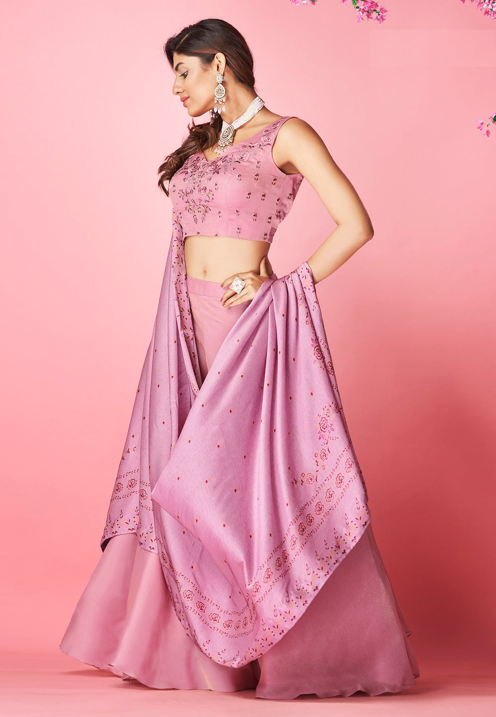 Embroidered Chiffon Tiered Lehenga in Pink