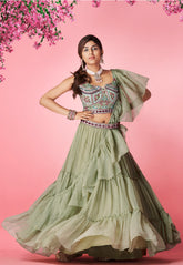 Embroidered Chiffon Tiered Lehenga in Olive Green