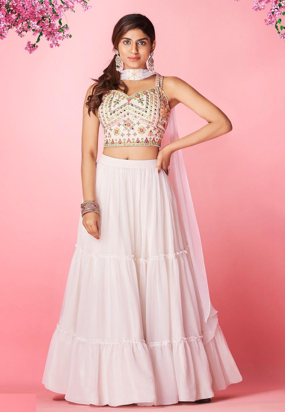 Embroidered Chiffon Tiered Lehenga in Off White