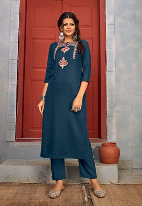 Embroidered Cotton Suit in Teal Blue