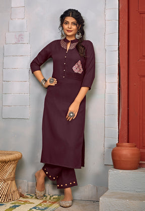 Embroidered Cotton Suit in Purple