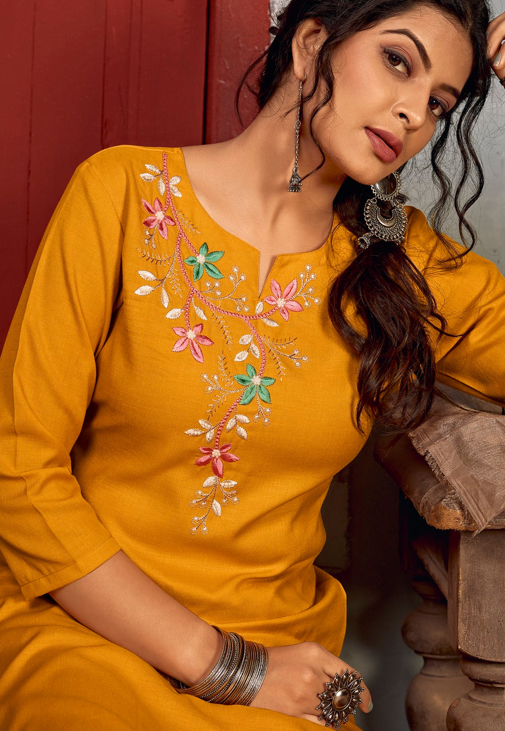 Embroidered Cotton Suit in Mustard