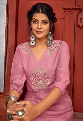 Embroidered Cotton Suit in Pink
