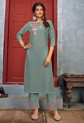 Embroidered Cotton Suit in Grey