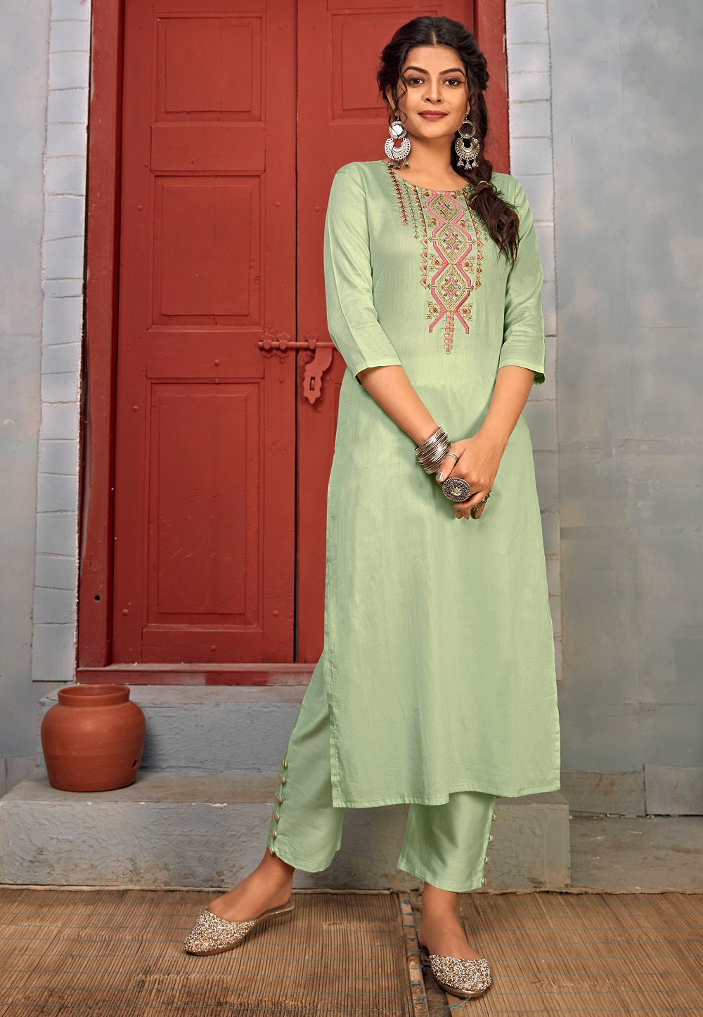 Embroidered Cotton Suit in Pastel Green
