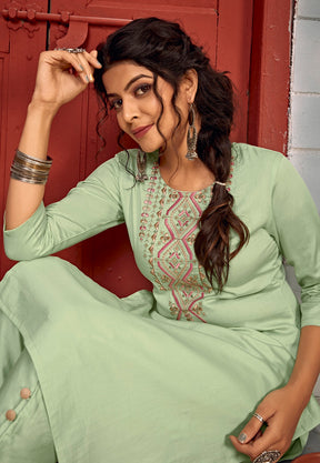 Embroidered Cotton Suit in Pastel Green