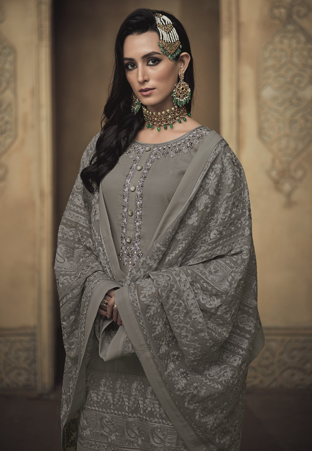 Embroidered Georgette Pakistani Suit in Grey